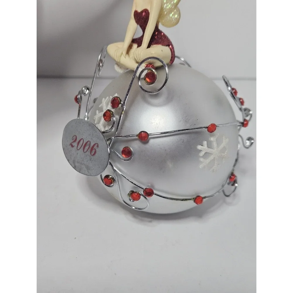 Disney Tinker Bell Sitting on Silver Ball Christmas Ornament Red Glitter 2006